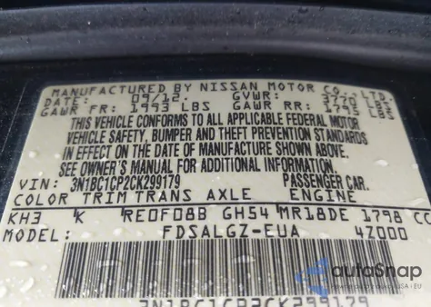 2012 Nissan Versa 1.8 Sl из США, поврежденный, VIN 3N1BC1CP2CK299179